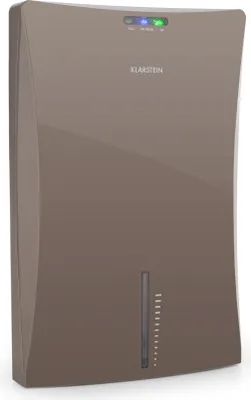 A modern, sleek dehumidifier with a gray finish.