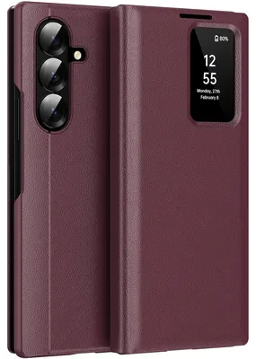 Produktbild von Leder Flip Case für Samsung Galaxy Z Fold 7, Smart View Fenster Handyhülle mit Kartenfach Rot