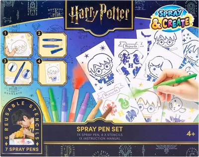 Productafbeelding van Harry Potter Spuitpennenset voor kinderen, creatieve blaasstiften, schilderset met 7 spuitpennen en 6 sjablonen