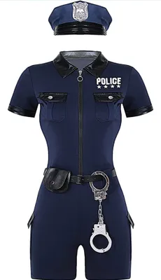 Obrázok produktu pre Dámsky kostým policajtky veľkosť L - policajný kostým so zipsom, putami, klobúkom a opaskom - na párty, Halloween, maškarný ples a karneval