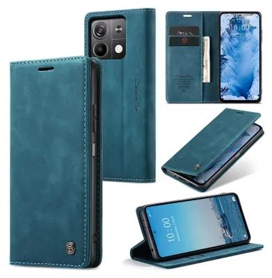 A collage of images showing a dark cyan blue flip case for a Xiaomi Redmi Note 13 5G phone, with various angles and views of the case and phone.