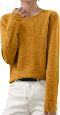 Image de ASKSA Femme Pull en tricot Elégant Pull en tricot uni Duenne Pull d'hiver en tricot fin Stretch Chaud Pull en laine Basic Pull à col rond,Or,L