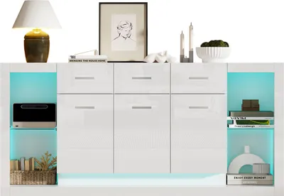 Produktbild von Beistellschrank,Wohnzimmerschrank mit LED-Lichtleiste und 3 Schubladen,Hochglanz-sideboard,Anrichte,Ein kommode mit 14 Ablagefächern