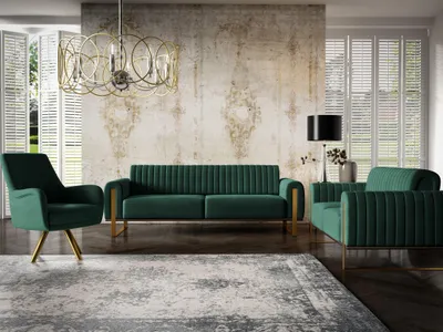 A living room scene featuring a green sofa and armchairs.