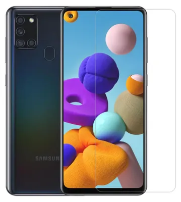 A smartphone is shown next to a screen protector, with a colorful abstract background on the phone's screen.