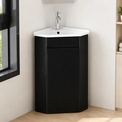 Produktbild von Eck-Waschtisch 66 cm mit Unterschrank & Keramikbecken, hängend oder stehend, platzsparender Eckschrank für Gäste-WC und kleine Badezimmer, Schwarz, KI-generiertes Bild
