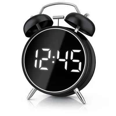 A black retro-style alarm clock with a digital display showing the time.