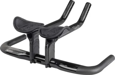 A black bicycle handlebar with integrated aero bars and armrests, shown against a white background.