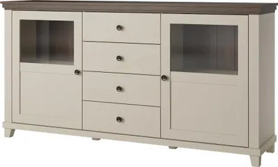 Produktbild von Wohnzimmer Sideboard Vitrine 181 cm breit in Beige mit Eiche, Landhausstil, 2 Türen, 4 Schubladen - EPSOM-83