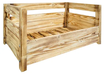 Produktbild von Hundebett aus Massivholz 90x57x45 cm – Braun, Natur oder Geflammt – Optional mit Kissen – Selbstmontage Gefammt ohne Kissen