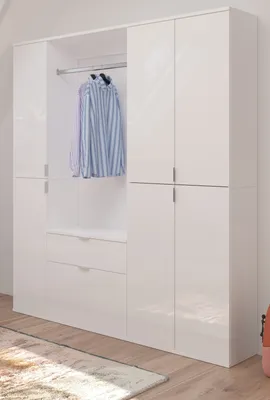 Produktbild von Garderobe "SystemX" in weiß Hochglanz Garderobenschrank Set 152 x 193 cm, variable Inneneinteilung