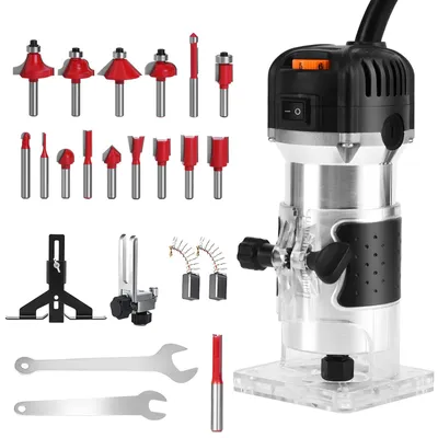 A collection of woodworking tools and accessories, including a router and various bits, laid out on a white background.