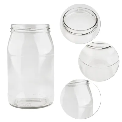 A clear glass jar with multiple close-up views of its top and bottom.