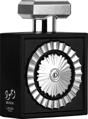 A black perfume bottle with a silver decorative element on the front and a silver cap.