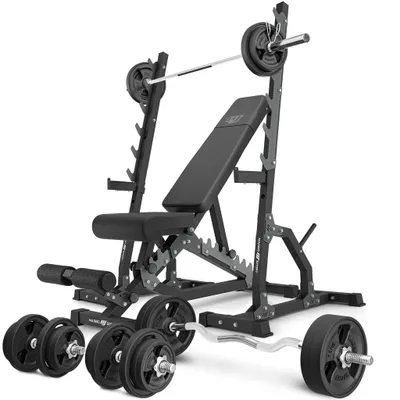 Immagine prodotto di Marbo Sport - Set MS24_2.0_113KG_G | panca bifacciale + supporto multilivello (2 pezzi) + barra e piastre gommate 113 kg