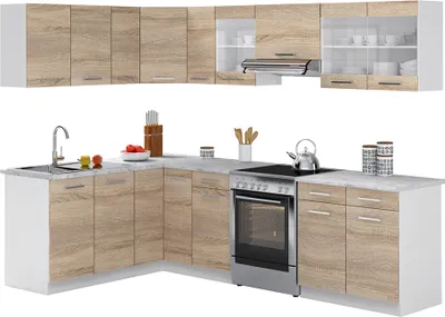 Produktbild von Eckküche Vicco Rick Sonoma/Weiß 267 x 167 cm, AP Marmor mit LED-Leisten, Model 51952