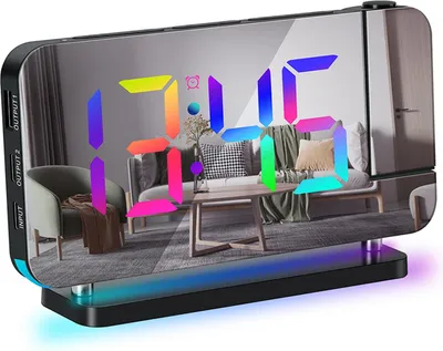 Obrázok produktu pre Projekčný budík do spálne 7-palcové RGB farebné LED digitálne hodiny so zrkadlovým povrchom 6-stupňový stmievač jasu USB nabíjačka Funkcia Snooze 12/24H 11 farieb 180 stupňov Projektor na strop