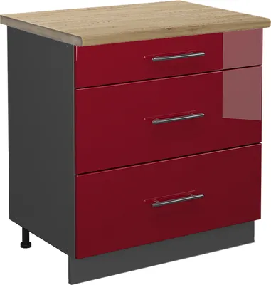 Produktbild von Küchenunterschrank Vicco Fame-Line Bordeaux Hochglanz 80 cm mit 3 Schubladen, AP Eiche, Model 46660