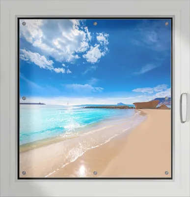Produktbild von Wallario Lichtschutzbild, Dekorativer Sichtschutz Sonnenschutz 96 x 93 cm mit Motiv: Traumstrand unter blauem Himmel - Verdunklung ohne Bohren