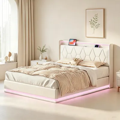 Produktbild von INONEFT Boxspringbett 160x200cm,hydraulisches Polsterbett mit LED und USB/C ,Doppelbett Holzbett Jugendbett, Samt, Weiß.