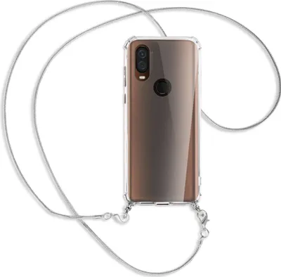 Produktbild von Handykette Backcover-Schutzhülle mit Band (Metall silberfarben) für Motorola One Vision - silberfarbene Kette Snake