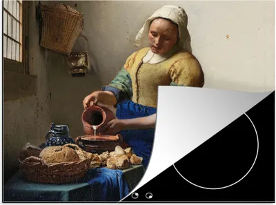 Produktbild von KitchenYeah© Herdabdeckplatte Das Milchmädchen - Gemälde von Johannes Vermeer , 57x51cm, Küche Deko, Glaskeramikkochfeld Herdabdeckung, Abdeckplatte fùr Kochfeld