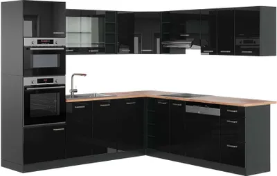 Produktbild von Eckküche Vicco R-Line Schwarz Hochglanz 247 x 60 cm , AP Eiche, Model 43195