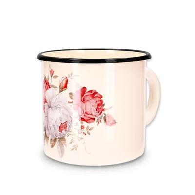 Produktbild von Kuketo | Emaille-Becher 1 l – Turistische Tasse – Kleiner Topf – Für Gas – Induktion – Robust – Langlebig – Beige mit Rosenmotiv