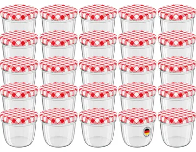 Produktbild von 25 Stück WELLGRO Vorratsglas Einmachgläser Schraubdeckel rot kariert - 230 ml