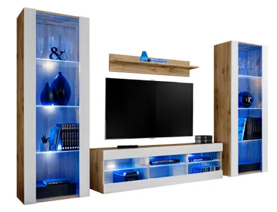 Produktbild von Komodee | Wohnwand Wohnzimmerset Tivoli Grande, Korpus Wotan Matt Frontfarbe Weiß Matt, LED Blau