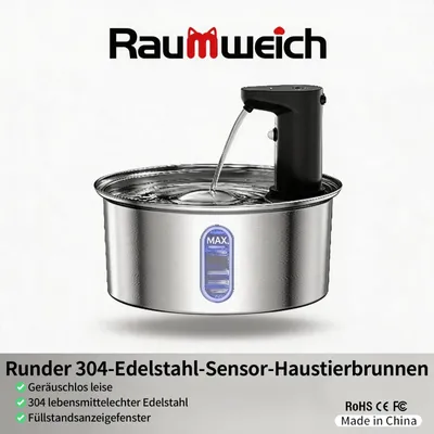 Produktbild von Trinkbrunnen für Haustiere Wasserbrunnen Frisches Wasser für Katze und Hunde Sensor 304 Edelstahl geräuschlos mit Füllstandsanzeigefenster