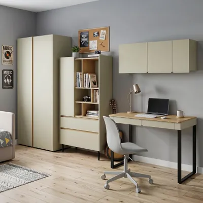 Produktbild von Jugendzimmer Set 4-tlg. LICO Eukalyptus – Kleiderschrank, Schreibtisch, Bücherregal & Hängeschrank, Möbelset, Komplettset, Moderne Jugendzimmermöbel