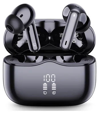 A pair of black wireless earbuds and their charging case are displayed.