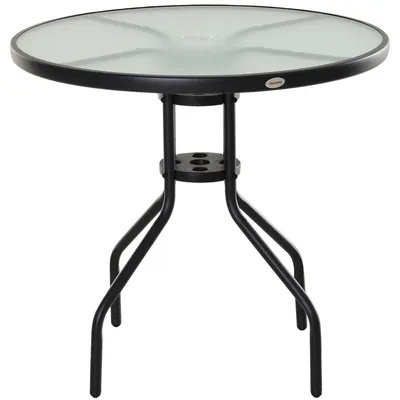 Immagine prodotto di Tavolo Da Giardino, Tavolo Da Balcone, Tavolo Da Bistrot Con Foro Per Ombrellone, Vetro Temperato + Metallo, Nero, Diametro 80 X 72 Cm