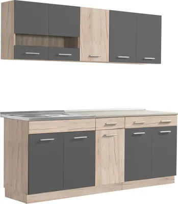 Produktbild von Homestyle4u Küche Küchenblock 200 cm Grau Eiche Küchenzeile ohne Geräte Einbauküche Singleküche