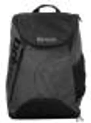 A black backpack is shown against a white background.