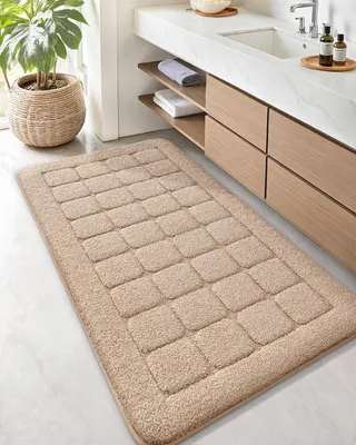Produktbild von Großer, rutschfester Badteppich, 61 x 110 cm, waschbar, weich, saugfähig, für Badezimmerböden, Dusche und Badewanne, beige