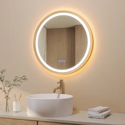 Produktbild von LED Badspiegel rund 60 cm Badezimmerspiegel mit Beleuchtung, mit Touchschalter, beschlagfrei, Kaltweiß & Warmweiß, Wandspiegel mit goldenem Rahmen
