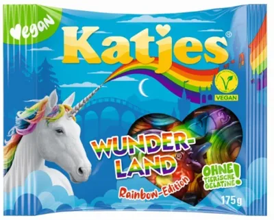 A bag of vegan fruit gummies with a unicorn and rainbow design.