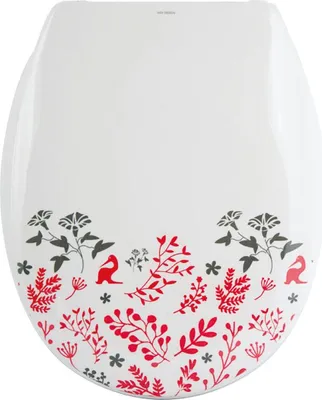 A white toilet seat with a floral pattern in red and gray along the bottom edge.