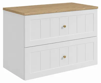 Immagine prodotto di Mobile bagno sospeso, 80 cm, con cassetti, struttura bianca e piano in legno di quercia chiaro, dimensioni 80 x 46 x 58,6 cm, Immagine generata dall'IA