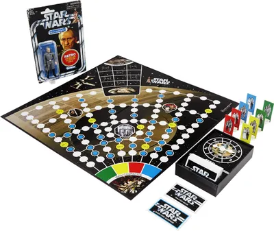A Star Wars themed board game with accompanying action figure, laid out on a white background.