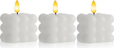 Produktbild von Meisterhome LED-Kerzen Set 3er – Bubble Design, Timer, 7,5x7,5 cm – Warmweißes Flackerlicht – Sicher & Dekorativ, Farbe:Weiß