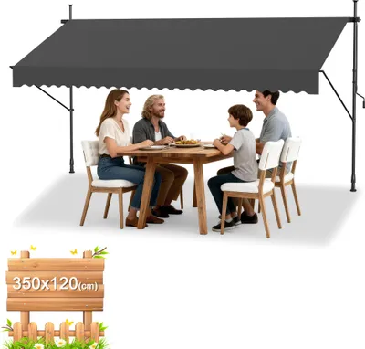 Produktbild von UISEBRT Klemmmarkise Balkonmarkise mit Handkurbel Einziehbar Manuell Sonnenschutz UV-beständig ohne Bohren Terrassenüberdachung 350x120cm Dunkelgrau