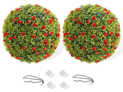 Image de Boule décorative en fleurs artificielles - Boule suspendue Topiary - 42 cm - Lot de 2 - Pour l'extérieur - PE - Rouge