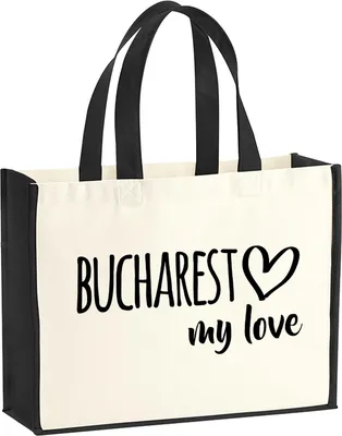 Produktbild von Huuraa Jutetasche Bucharest my love 21 Liter Black Jute und Baumwolle Einkaufstasche Geschenkidee