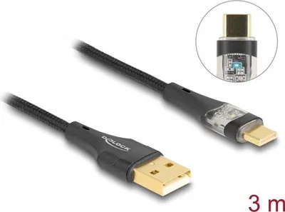 Produktbild von DeLOCK USB 2.0 Kabel Typ-A Stecker zu USB Type-C Stecker mit Schnellladefunktion 60 W transparent 3 m, 3 m, USB A, USB C, USB 2.0, 0,48 Gbit/s, Schwarz