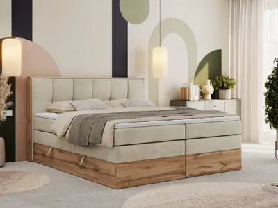 Produktbild von MKS MEBLE Boxspringbett, Doppelbett mit zwei Multipocket-Matratzen ALBERO 1 KING, Bettkästen und Kopfteil, Holzkiste in Wotan-Eichenfarbe - 140x200 cm - H4 - Beige Velvet