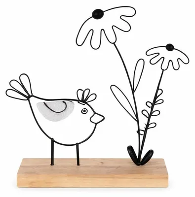 Drahtvogel auf Bambusfuß, 20 cm, Frühlingsdeko Schwarz-Natur