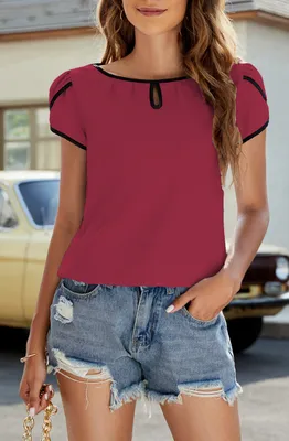 Produktbild von ASKSA Sommer Damen T-Shirt Rundhals Kurzarm Blütenblatt Ärmel Shirts Lose Einfarbig Oberteile Casual Tunika Tops, Weinrot, XXL